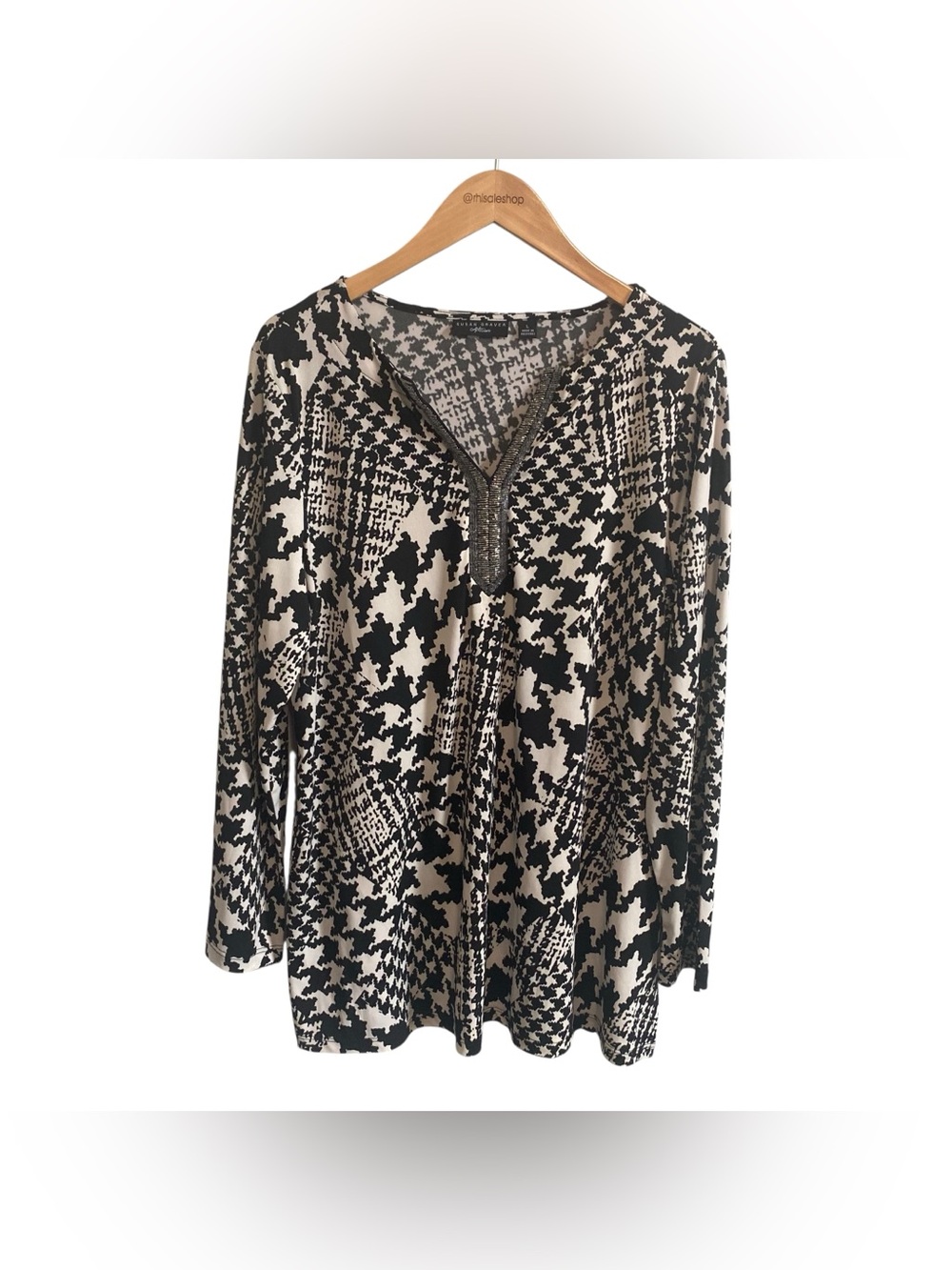 Susan Graver Artisan Black White Abstract Houndstooth Liquid Knit Top Size Large